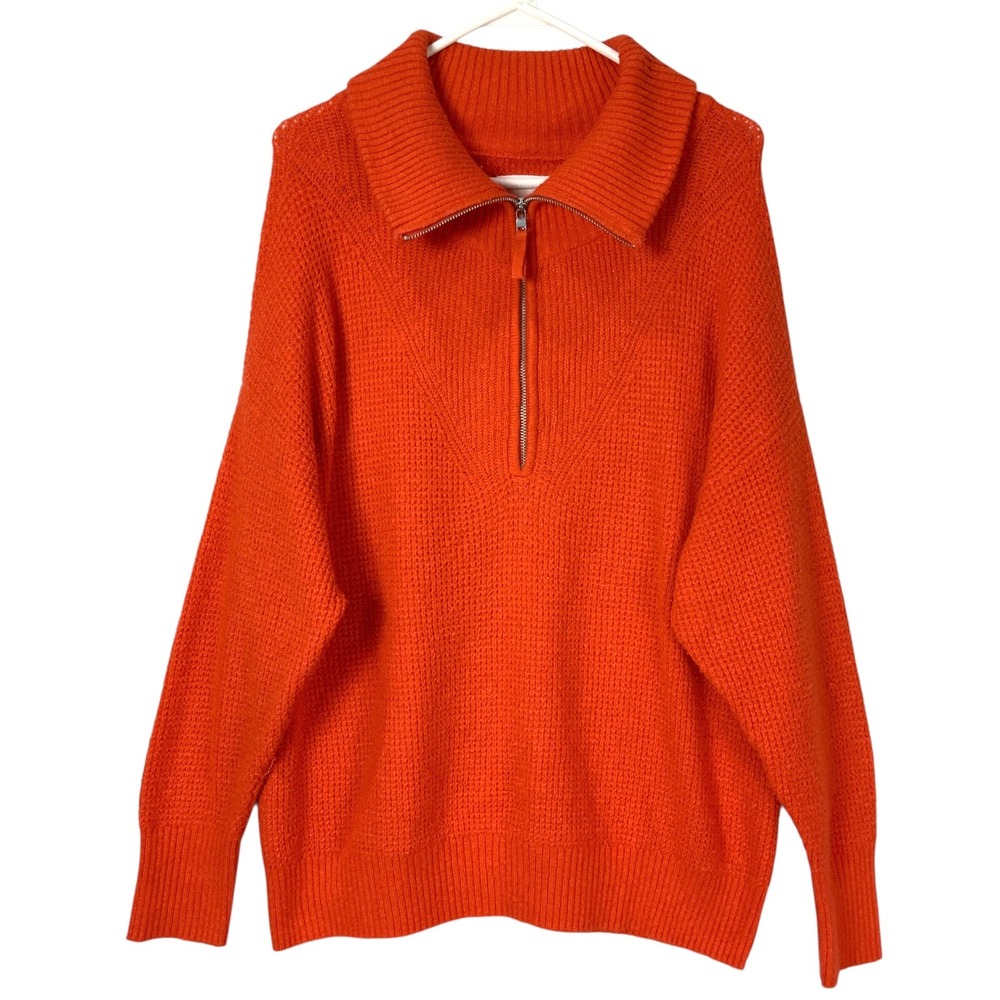 Aerie Orange Waffle Knit Sweater S Quarter Zip Mock Neck Long Sleeve Oversized